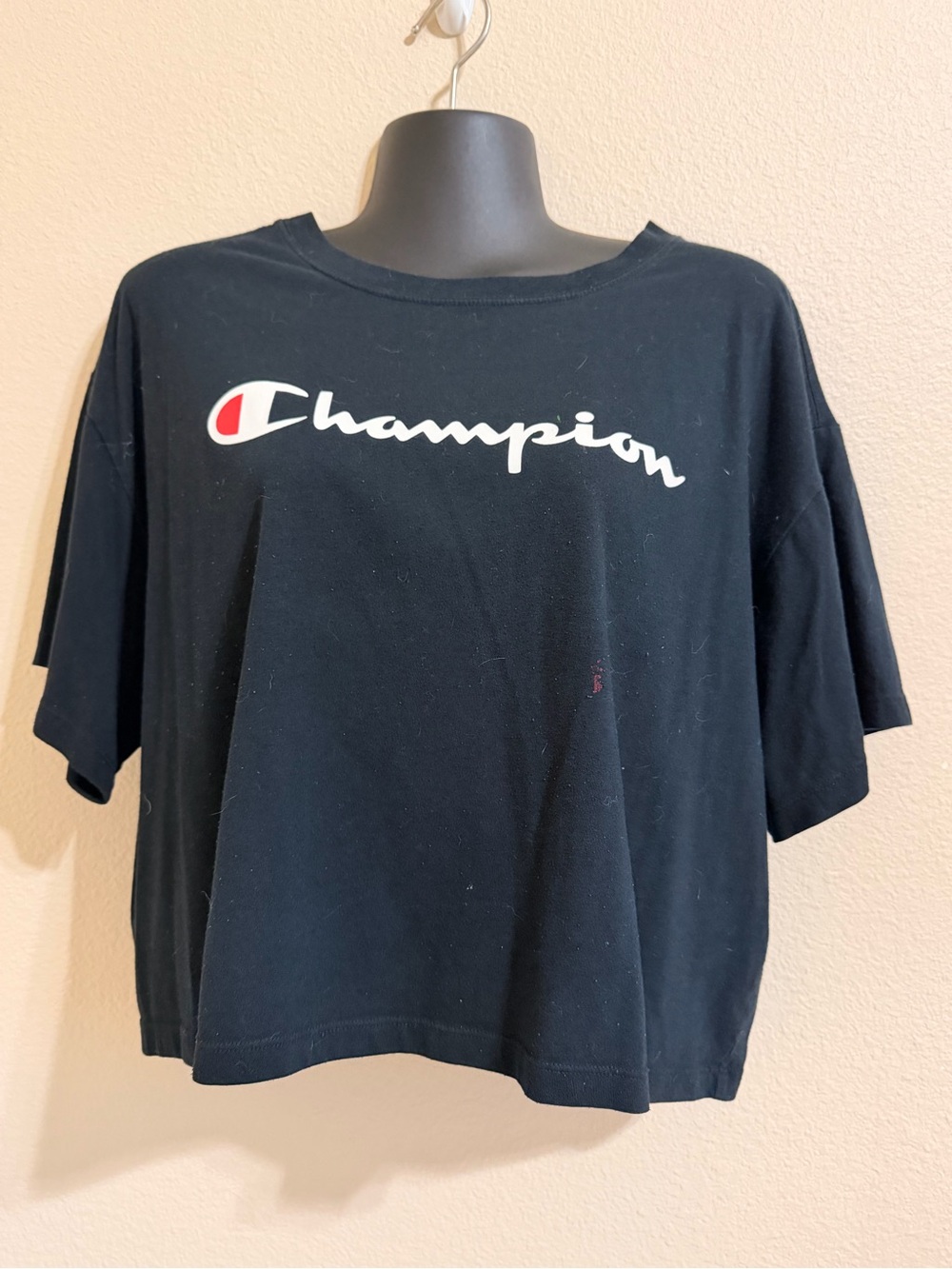 Champion Black Cropped Logo Tee with Red Accent